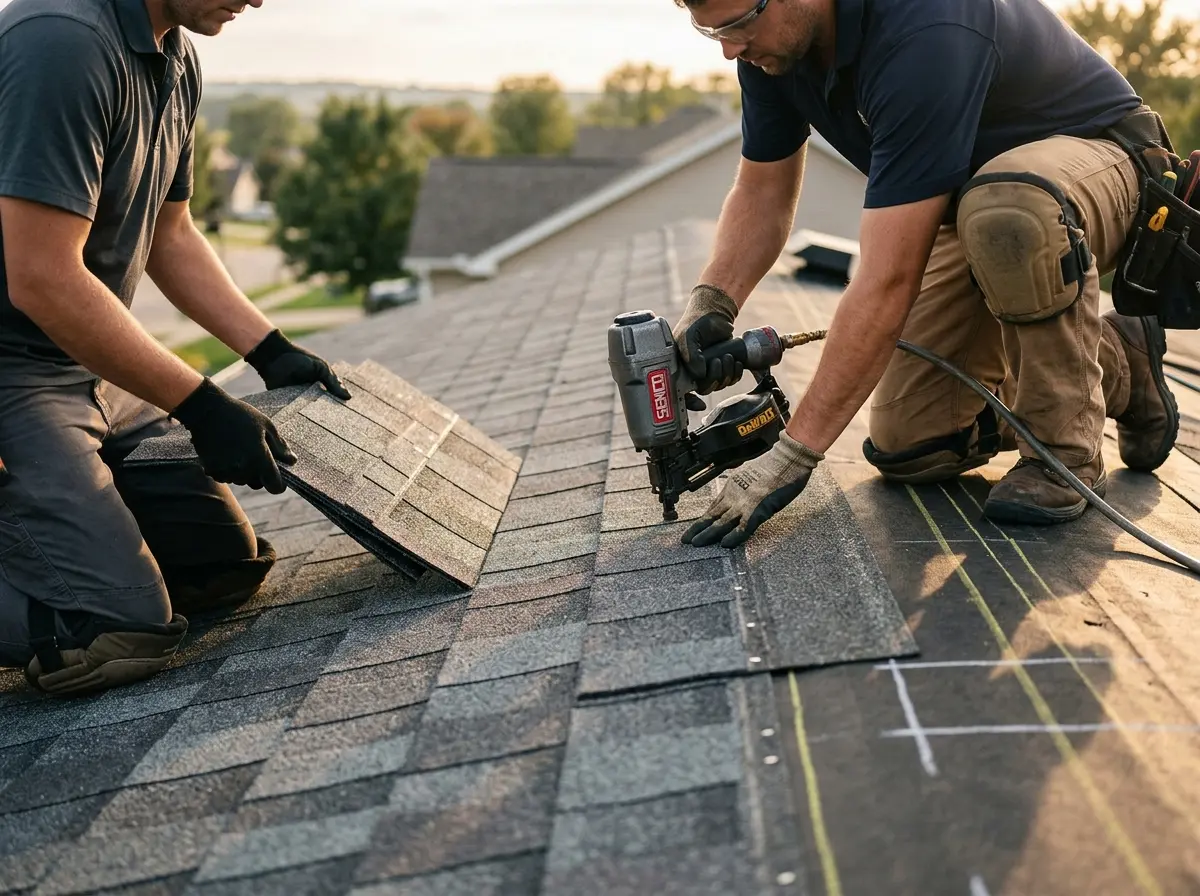 Professional roofer working on a residential roof in Vandalia